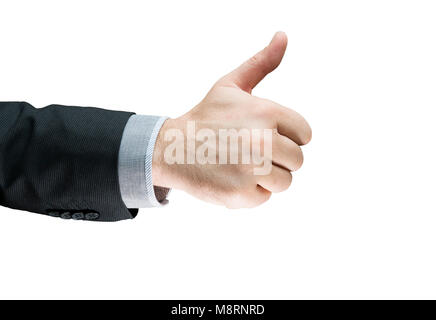 Geschäftsmann mit OK Zeichen mit seinem Daumen oben mit weißem Hintergrund. Erfolg. Geschäftsmann im Anzug zeigt ein Zeichen ok Finger Stockfoto