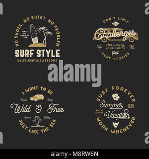 Vntage Hand gezeichnet Surfen Grafiken und Embleme für Web Design oder Drucken. Surfer Logos. Surf-Logo. Sommer surfen logo Typografie insignia Sammlung. Vektor hipster Patches isoliert auf Schwarz Stock Vektor