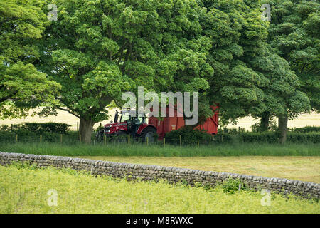 Unterwegs auf schmalen Bäumen gesäumten Track, helle, glänzende, Red Tractor Pulling Anhänger auf Feldweg in der malerischen Landschaft - West Yorkshire, England, UK. Stockfoto