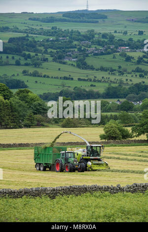 Arbeiten im landwirtschaftlichen Bereich, 1 grüne Fendt Traktor fährt neben CLAAS Feldhäcksler Sammeln von geschnittenem Gras für Silage - West Yorkshire, England, Großbritannien Stockfoto