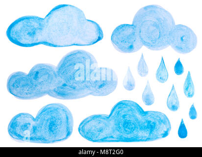Set blau Aquarell Hand gezeichneten Wolken und Regen fällt auf weißen isoliert. Stockfoto