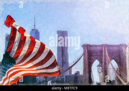 Die Brooklyn Bridge In New York City ist eine der ältesten Hängebrücken der USA. Sie überspannt den East River und verbindet die Bezirke o Stockfoto