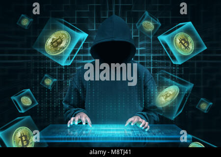 Mann mit virtueller Tastatur versuchen bitcoin Netzwerk einzuhacken. Blockchain Technologie Konzept Stockfoto
