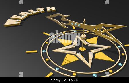 Golden Arrow der Kompass, der auf das Wort Reichtum Stockfoto
