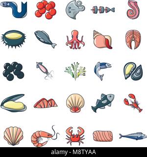 Fisch und Meeresfrüchte fisch meer Symbole, Cartoon Stil Stock Vektor