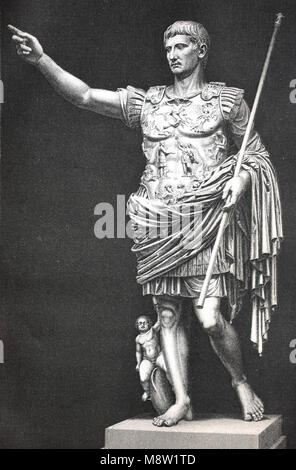 Augustus von Prima Porta, Augusto di Prima Porta, ist eine 2,03 m hohe Marmorstatue des Augustus Caesar, die am 20. April entdeckt wurde, 1863 in der Villa der Livia im Prima Porta, in der Nähe von Rom, digital verbesserte Reproduktion einer Vorlage drucken aus dem Jahr 1895 Stockfoto