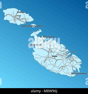 Malta Vektorkarte. Zweifarbiger Silhouette Version. Details für Grenzen, Nachbarn und die Inseln. Verwendbar für Travel Marketing, Immobilien und Kabinett Stock Vektor