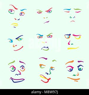 Verschiedenen bunten gezeichnete Gesichter. Handgezeichneten Vector Icons für digitales Marketing und gedruckten Wand Art. Stock Vektor