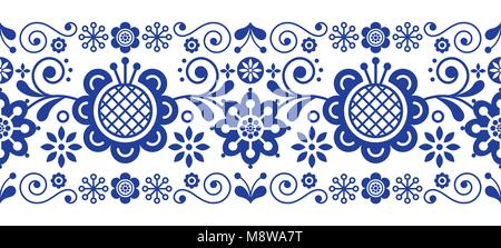 Scandinavian folk art retro Vektor lange Muster, florales Ornament in marine blau - nahtlose Streifen Streifen Stock Vektor