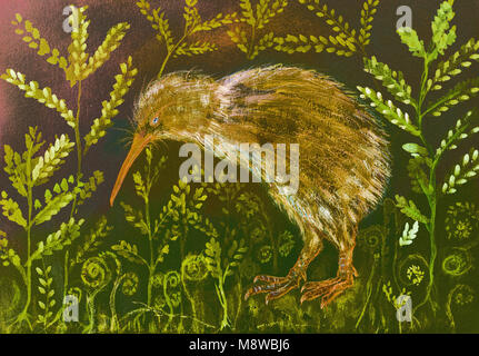 Goldfarbenem Kiwi Vogel versteckt in der varen. Die Tupfen Technik in der Nähe der Kanten gibt einen Weichzeichner Effekt aufgrund der veränderten Oberflächenrauhigkeit der Stockfoto