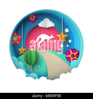 Kangarooo Abbildung. Cartoon Papier Landschaft. Stock Vektor