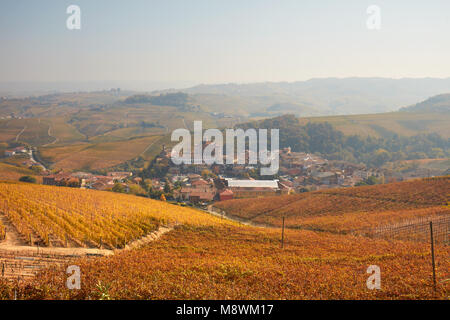 Barolo Stadt im Herbst, Weinberge mit gelben Blätter an einem sonnigen Tag in Italien Stockfoto