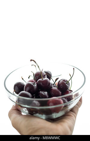 Schwarz frisch frisch gepflückte Kirschen in Glasschale, kopieren. Stockfoto