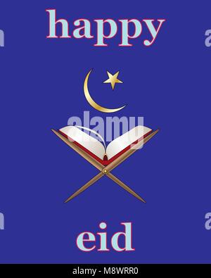 Ein Vektor Abbildung im EPS 10 Format eines Islamischen Grußkarte für das Festival der Eid mit Koran und Stern und Halbmond auf einem blauen Hintergrund Stock Vektor