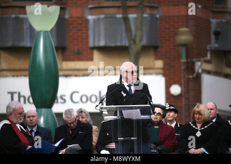 Warrington, Großbritannien. 20 Mär, 2018. Colin Parry am 25. Jahrestag Gedenktag der Bombenanschlag der IRA die Jonathan Ball und Tim Parry in Warrington, 20. März 2018 (C) Barbara Cook/Alamy Leben Nachrichten getötet Stockfoto