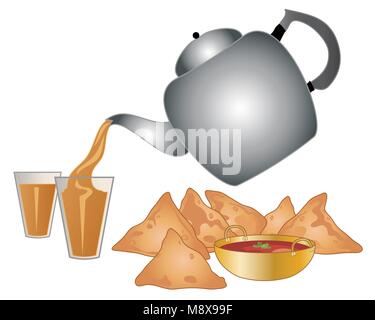 Ein Vektor Abbildung im EPS 10 Format eines großen Metall indischen Kaffee Topf gießen Masala Tee in ein Glas mit einem Snack von würzigen Samosas und Dip Stock Vektor