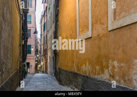 Blick entlang der Wände in der absteigenden Gasse von Vico Salvaghi in den alten Teil der Stadt Genua, eine eigene Welt Stockfoto