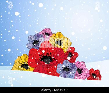 Ein Vektor Abbildung im EPS 10 Format der farbenfrohe Mohn Blumen im Schnee mit einem Eis blauen Hintergrund Stock Vektor