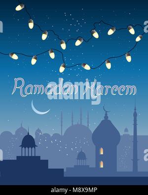 Ein Vektor Abbildung im EPS 10 Format eines Ramadan Grußkarte mit kleinen goldenen Lichter über die Skyline von einer asiatischen Stadt Stock Vektor