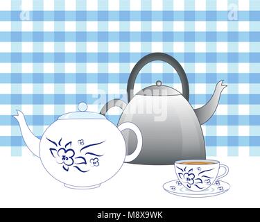 Ein Vektor Abbildung im EPS 10 Format einer Stahl altmodische Wasserkocher mit einem blauen und weißen Teekanne und Tasse Tee mit einem blau kariertem Hintergrund Stock Vektor