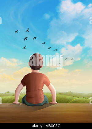 Kinder schauen in einer ruhigen, sonnigen Landschaft, mit Vögel fliegen durch den Himmel. Digitale Illustration. Stockfoto