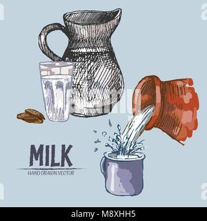 Digitale Vector ausführliche Line Art Splash und Krug Milch Hand gezeichnet retro Abbildung Sammlung ausgießen. Dünne künstlerische Bleistift skizzieren. Jahrgang i Stock Vektor