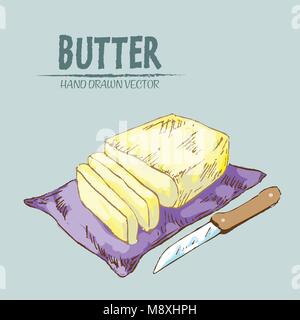 Digitale Vector ausführliche Line Art butter Schichten mit Messer hand retro Abbildung Sammlung erstellt. Dünne künstlerische Bleistift skizzieren. Jahrgang Tinte flach Stock Vektor