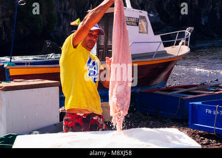 Fischer Salzen seinen Fang in der Ortschaft Câmara de Lobos in der Nähe von Funchal Madeira Stockfoto