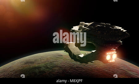 Futuristisches Raumschiff nähert sich ein exoplanet, sehr detaillierte Raumschiff auf einem fremden Planeten (3d-science fiction space Abbildung) Stockfoto