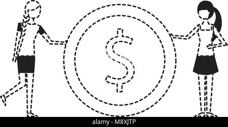 Zwei junge Frau mit grossen Dollar Münze Währung Stock Vektor