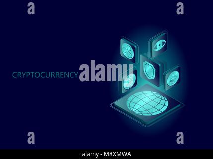 Blockchain blau isometrische Komposition. Flache glühende Plattform Planet Erde zeichen Schutzplatte Bitcoin Astraleums Welligkeit Münze cryptocurrency Online Global 3d-Zahlung digitale Bergbau Vector Illustration Stock Vektor