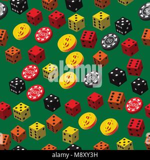 Poker Chips, Würfel und Münzen nahtlose Muster Stock Vektor