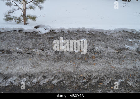 Dirty lose Feder Schnee, weißer Schnee schmilzt, Frühling Hintergrund Stockfoto