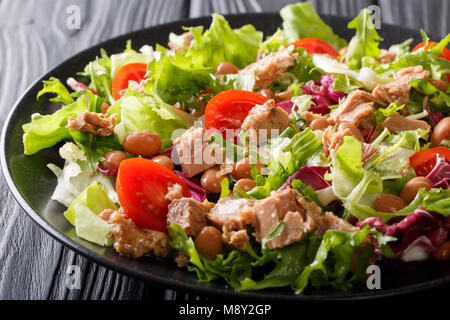 Gesund und lecker Essen: Salat mit Thunfisch, borlotti Bohnen, Tomaten, Mix aus kopfsalat Close-up auf einem Teller auf den Tisch. Horizontale Stockfoto