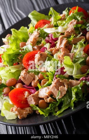 Lecker Salat mit Thunfisch, borlotti Bohnen, Tomaten, Salat close-up auf einem Teller auf dem Tisch. Vertikale Stockfoto