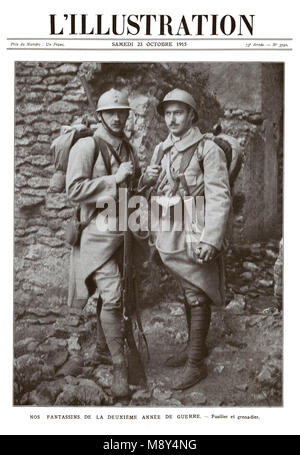 WW 1 Französische Infanterie Soldaten für ein Foto im Jahre 1915 "Unsere Infanterie im zweiten Jahr des Krieges posiert' Stockfoto