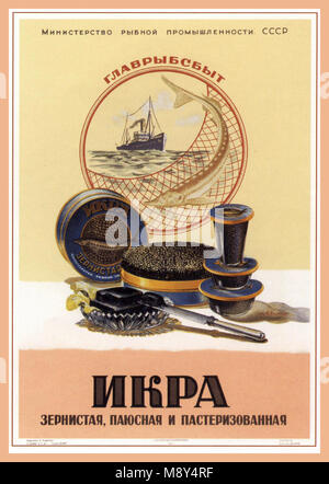 KAVIAR Vintage Russisch sowjetischen Kaviar Poster 1950 's weich gepresst pasteurized Sturgeon Caviar AV Andreadi A. P. UdSSR Stockfoto