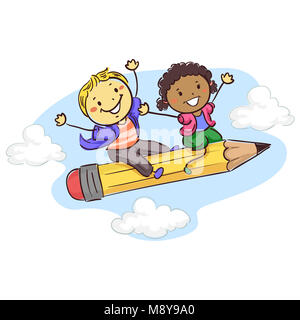 Abbildung: Stick Kinder sitzen auf einem fliegenden Bleistift Stockfoto