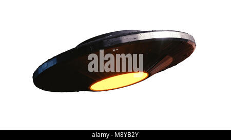 UFO, außerirdisches Raumschiff mit Außerirdischen Besucher, fliegende Untertasse aus dem Weltraum (3-d-science fiction Abbildung auf weißem Hintergrund) Stockfoto