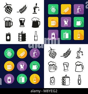 Bier in einem Symbole Schwarzweiß Farbe flaches Design Freehand eingestellt Stock Vektor