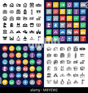 Gebäude in einem Symbole Schwarzweiß Farbe flaches Design Freehand eingestellt Stock Vektor