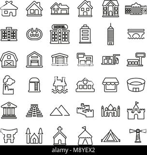 Gebäude oder Wohn- und Geschäftshäuser Symbole dünne Linie Vektor Abbildung Stock Vektor