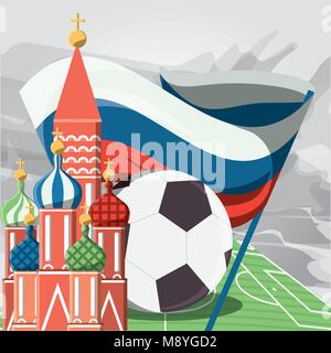 St. basils cathedar mit Fußball und russische Flagge über grauer Hintergrund, farbenfrohen Design Vector Illustration Stock Vektor