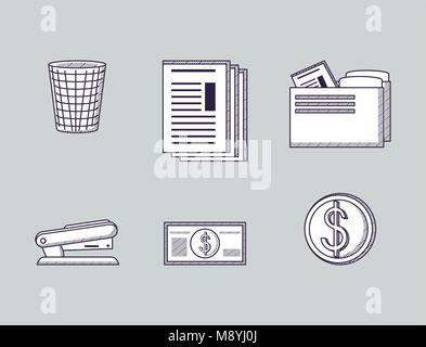 Icon Set von Bürobedarf ähnliche Symbole über grauer Hintergrund, Skizze design Vector Illustration Stock Vektor