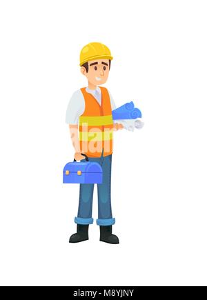 Flache Ausführung von Inhalt Mann in Uniform der Konstruktor holding Blueprints und Instrument. Stock Vektor