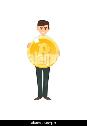 Vektor flachem fröhlicher junger Unternehmer Holding glänzenden goldenen Bitcoin auf Weiß. Stock Vektor