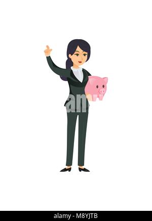 Weibliche Charakter der erfolgreiche Unternehmer in Anzug Holding rosa Sparschwein. Stock Vektor