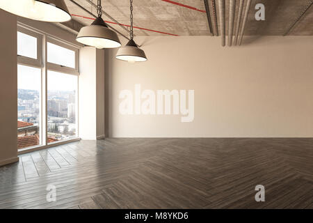 Leere Büroräume mit freiliegenden Stahlträgern und Treppe Stockfoto