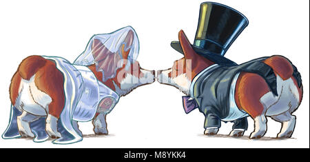 Cartoon clipart Illustration eines Welsh Corgi hund Braut und Bräutigam küssen. Sie tragen einen Smoking mit Tophat und Schwänze, und ein Brautkleid oder Kleid. Stockfoto