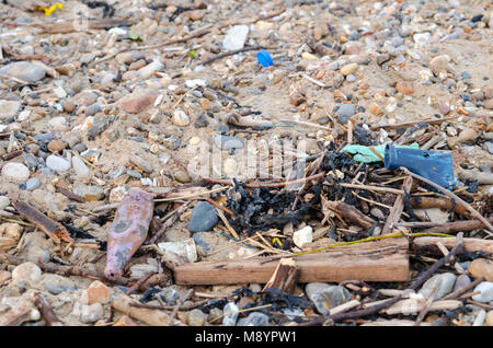 Strand Kunststoff und Treibholz gewaschen Auf Roker Strand, Roker, Sunderland Stockfoto